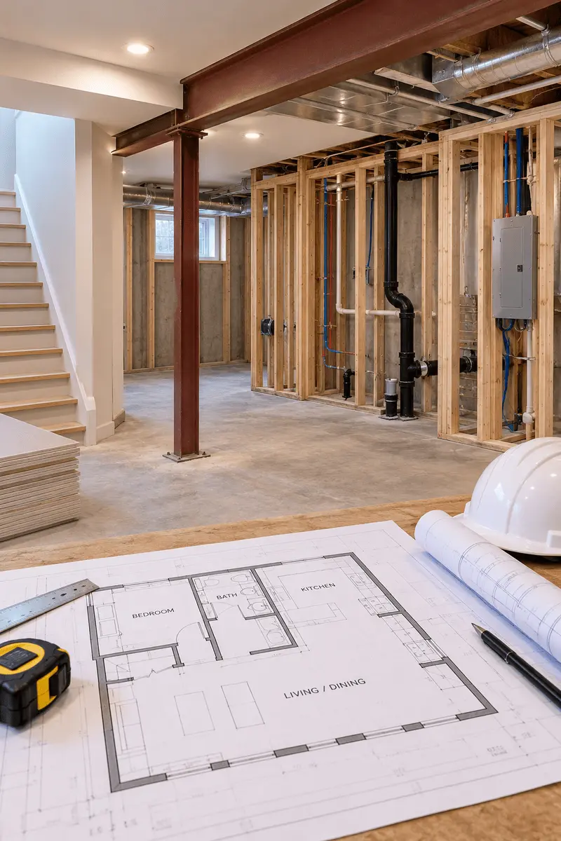 Unfinished basement conversion with exposed structural beams, plumbing and HVAC systems