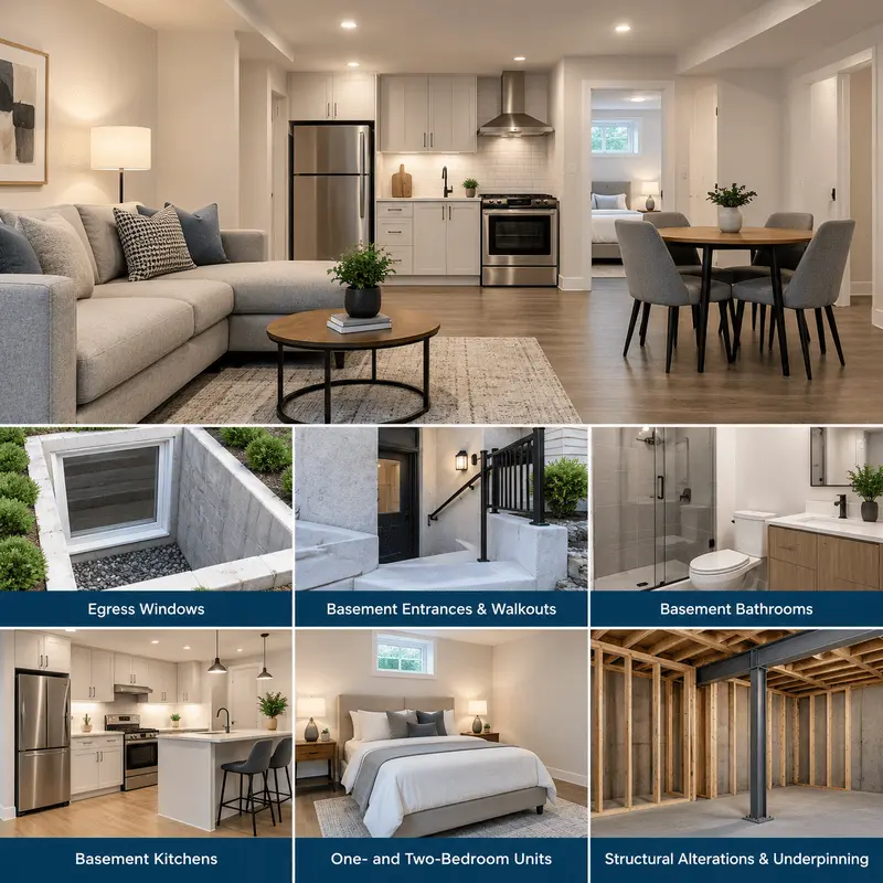 Basement second unit with living area, kitchen, bedroom, bathroom and structural alterations