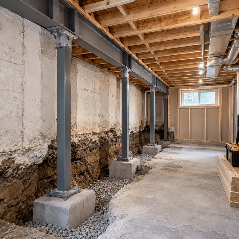 Basement underpinning with exposed foundation and structural support columns