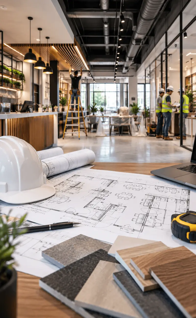 Commercial interior renovation with architectural floor plans and construction workers