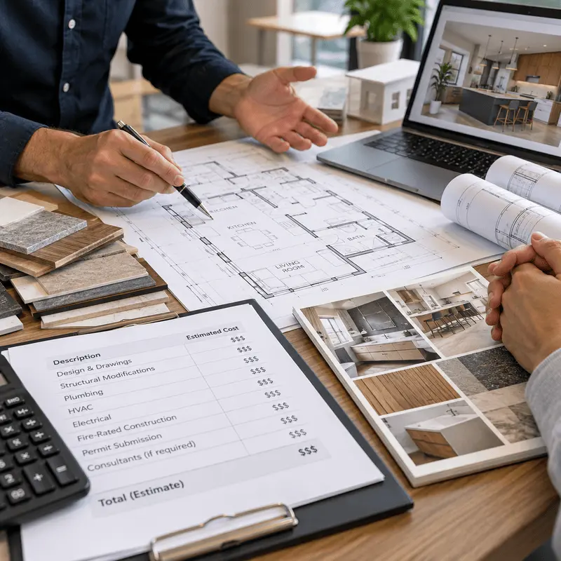 Interior renovation floor plans, material samples, and cost estimate