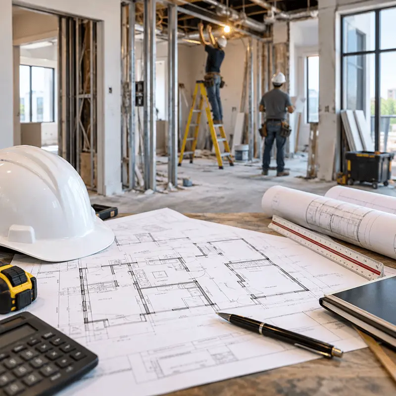 Interior renovation planning with architectural floor plans and construction work