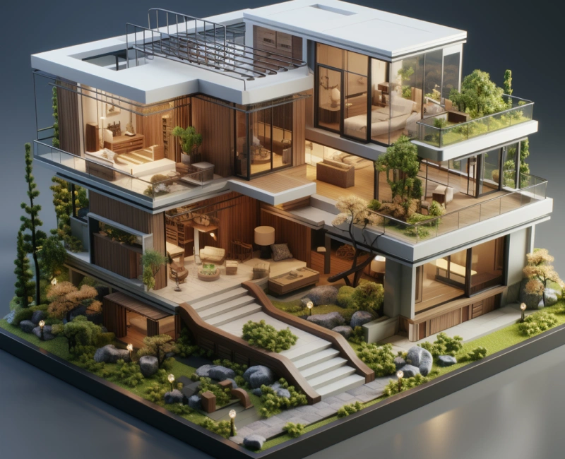 3D model of a Mississauga house with a planned rear home addition illustrating zoning and planning constraints