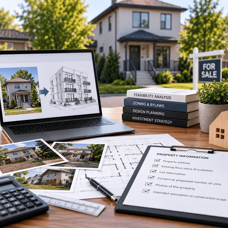 Multiplex design feasibility review with property plans and existing home information