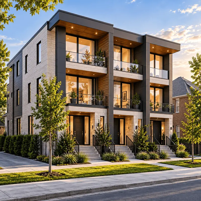 Modern multiplex design with multiple residential units and contemporary architectural details