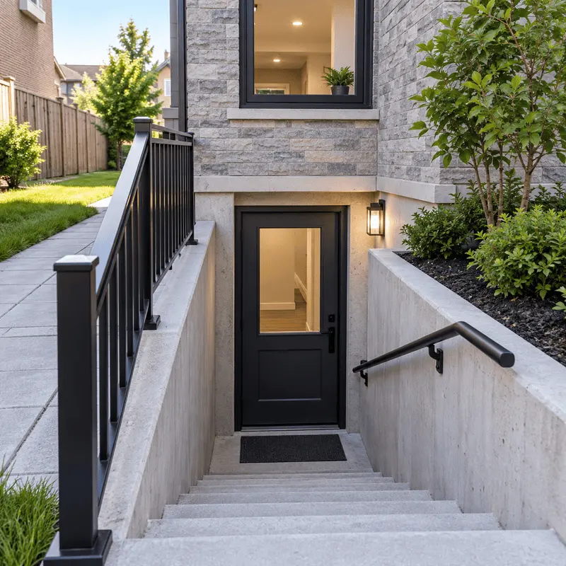 Exterior basement entrance with stairs and handrails