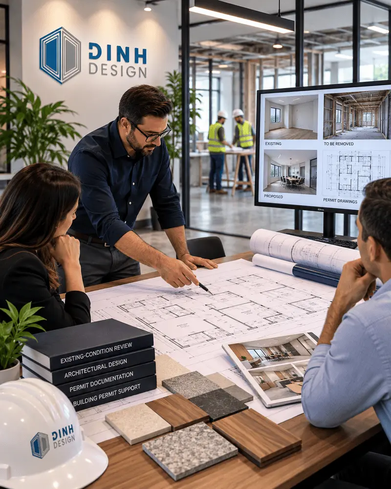 Architects reviewing interior renovation plans and permit drawings