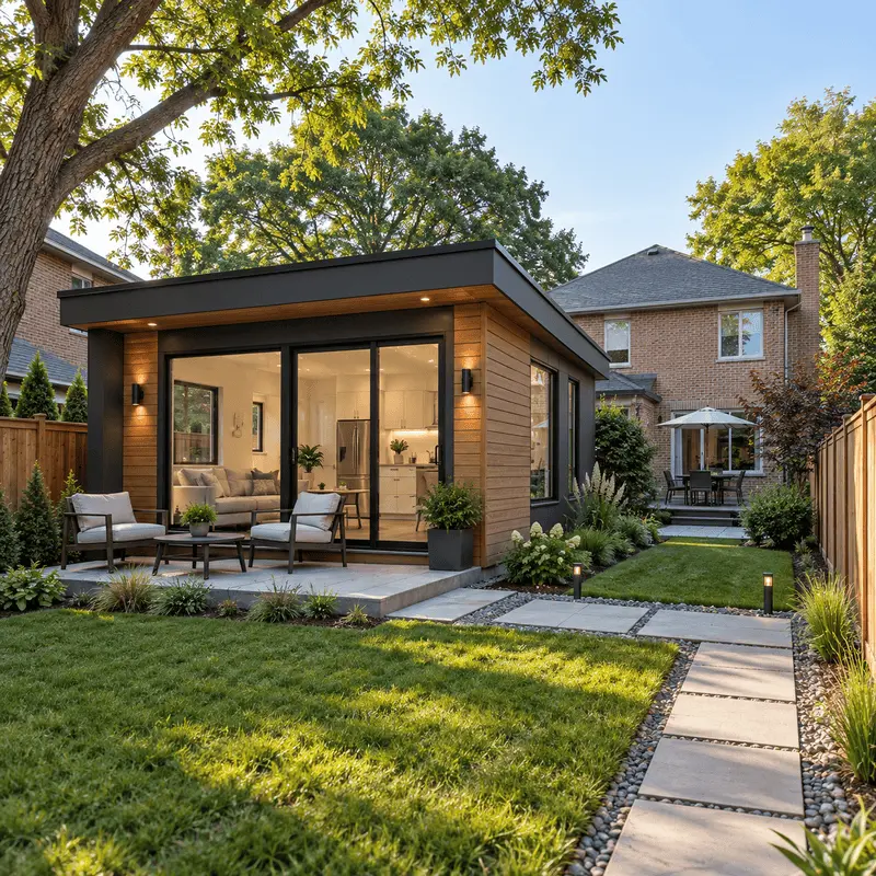 Modern garden suite in a landscaped backyard with a separate living space