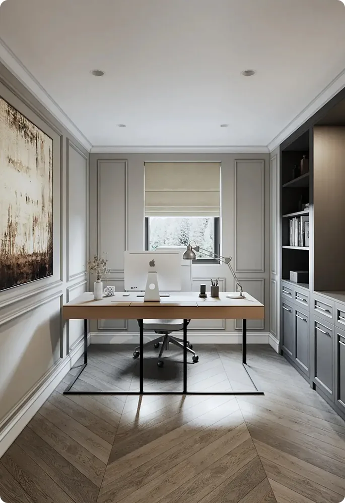 Symmetrical modern home office featuring gray wainscoting walls, a minimalist wood desk, and herringbone hardwood flooring in a Toronto residential interior.