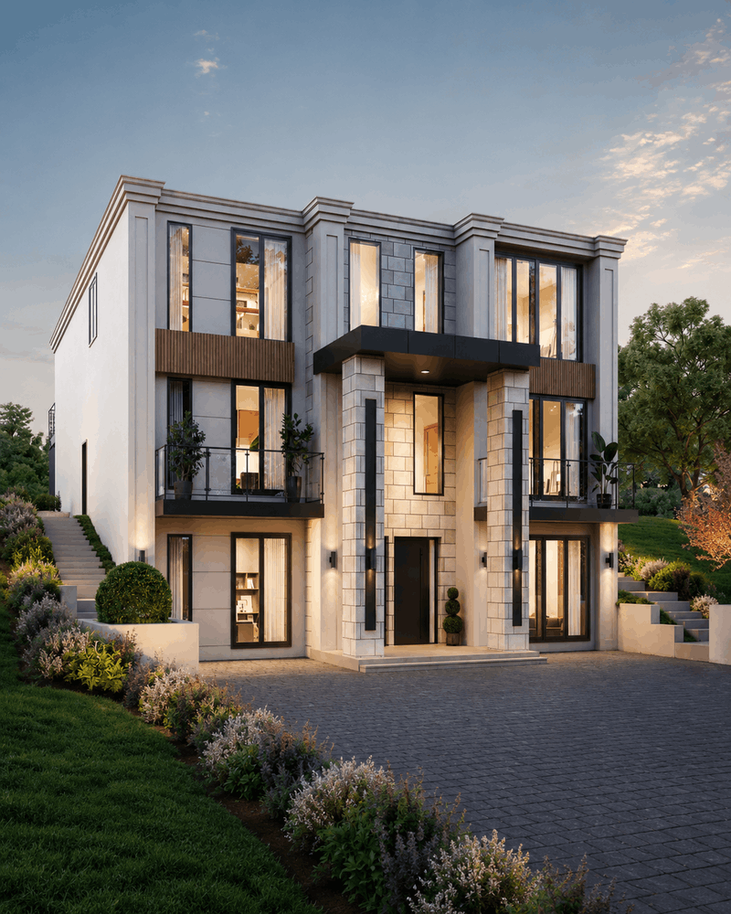 Modern custom home design in Mississauga with elegant stone exterior and contemporary architectural details