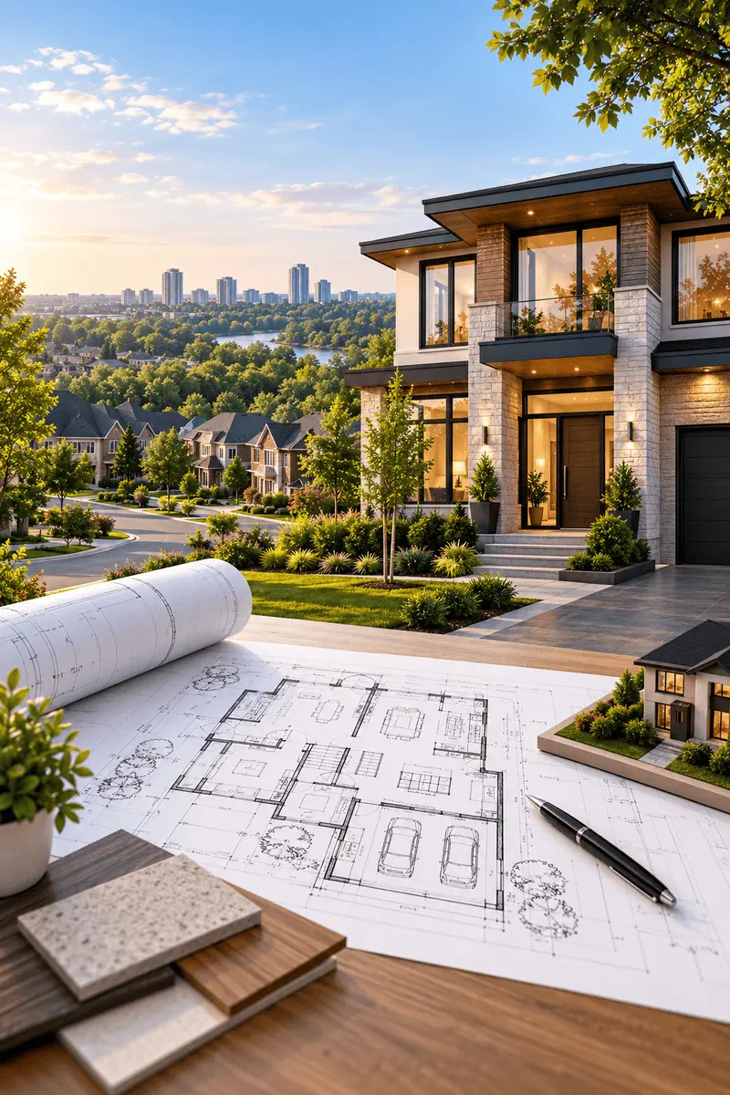 Modern custom home design across Brampton neighbourhoods with architectural plans and landscaped surroundings