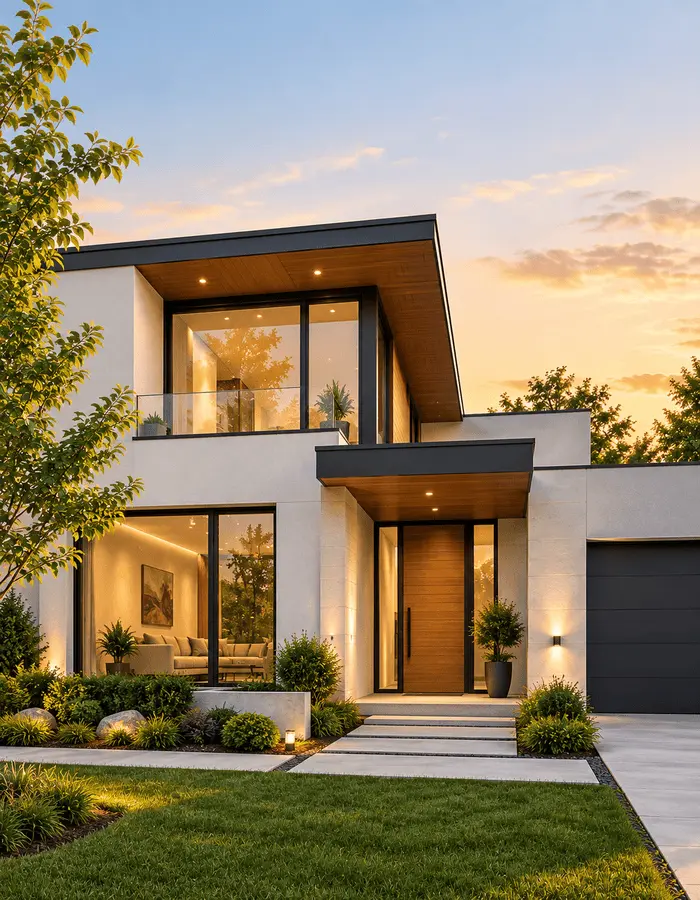 Modern custom home design Brampton exterior with landscaped yard