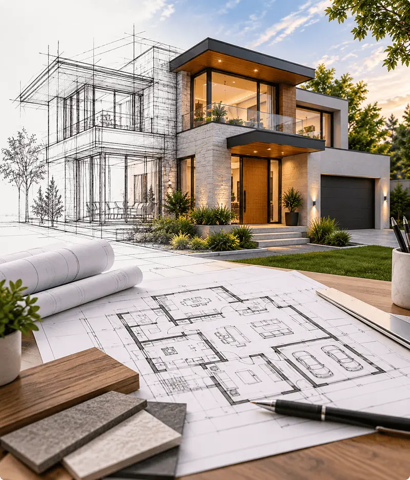 Modern custom home design with architectural plans and a contemporary house