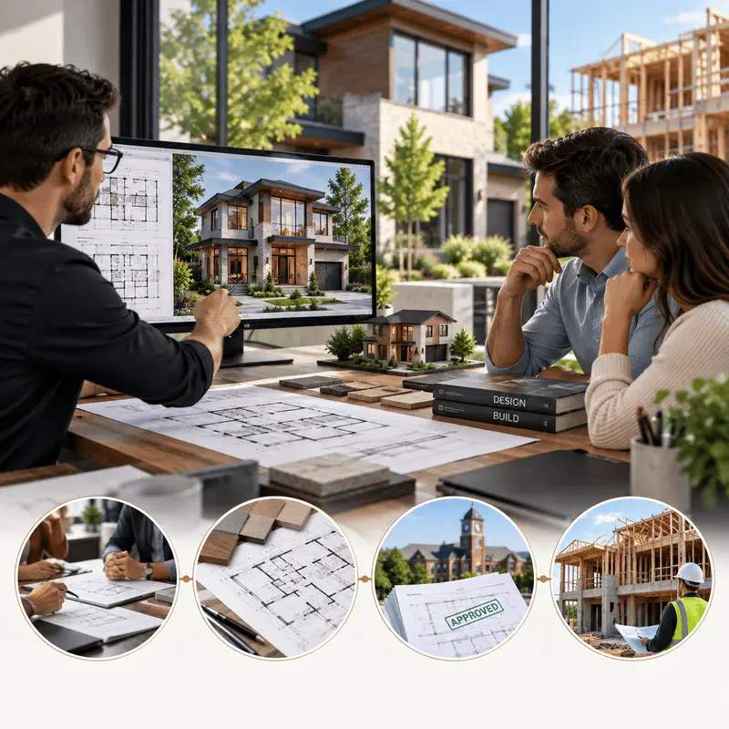 Dinh Design team reviewing architectural plans with homeowners during a design consultation