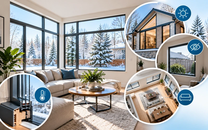 Modern living room with large windows showcasing natural light, privacy, and winter comfort.
