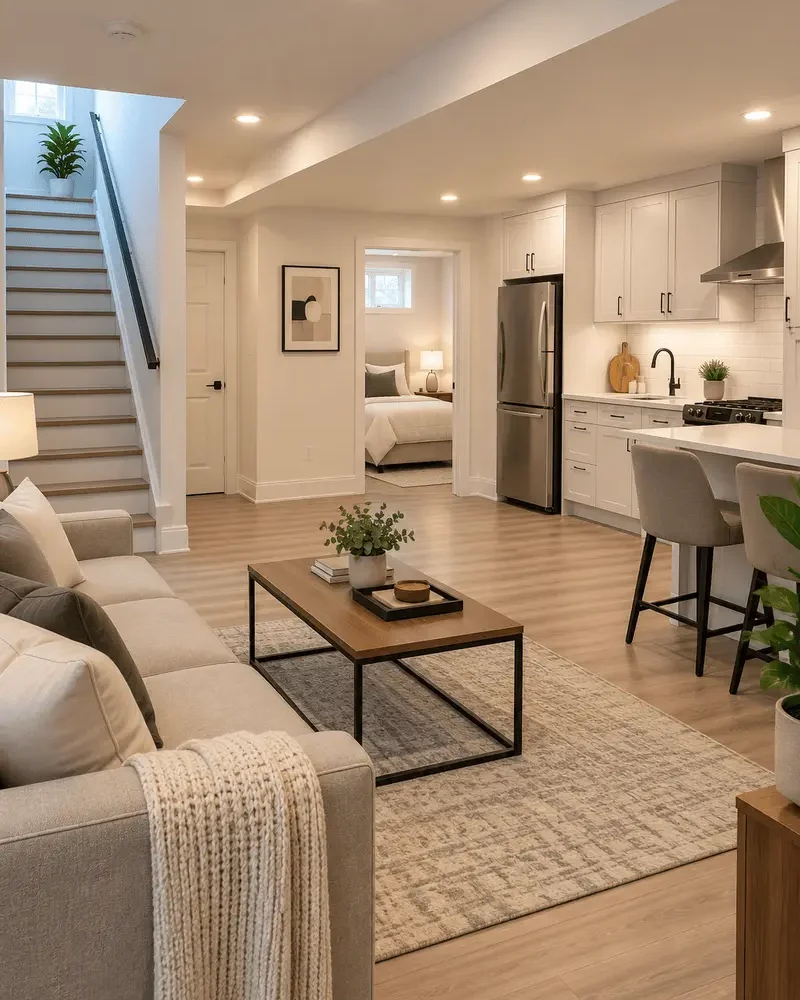Finished basement second unit with living area, bedroom and kitchen